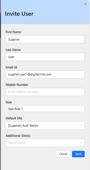 Invite User drawer with filled fields ready to send