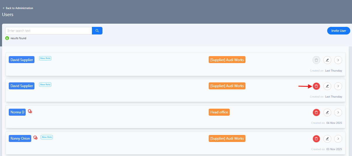 Users list with user to delete highlighted