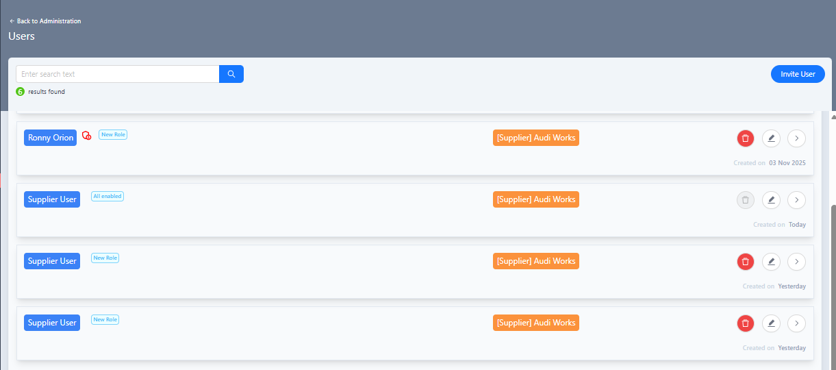 Users list page with search and user entries