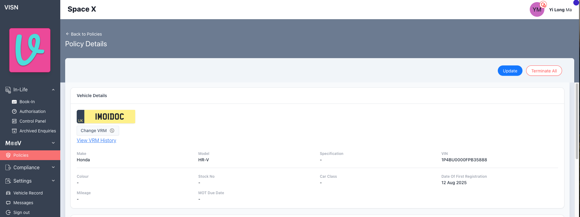 Policy details page vehicle section