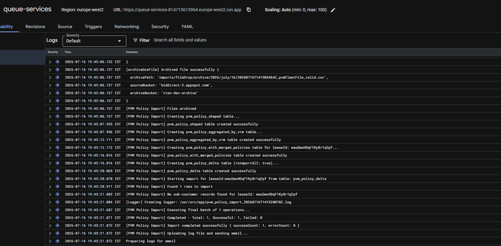 PVM fleet file Firestore import log